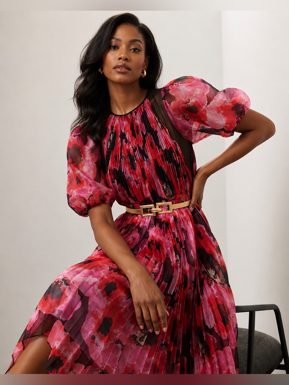 Bibhu Mohapatra x RTR Pleated Floral High Low Midi Dress Sz 12 Puff Sleeve